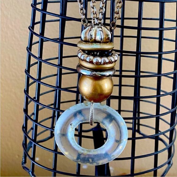 Lot Two Kohls Necklaces Translucent White Circle & Heart w/Brushed Gold Charms - Picture 7 of 11